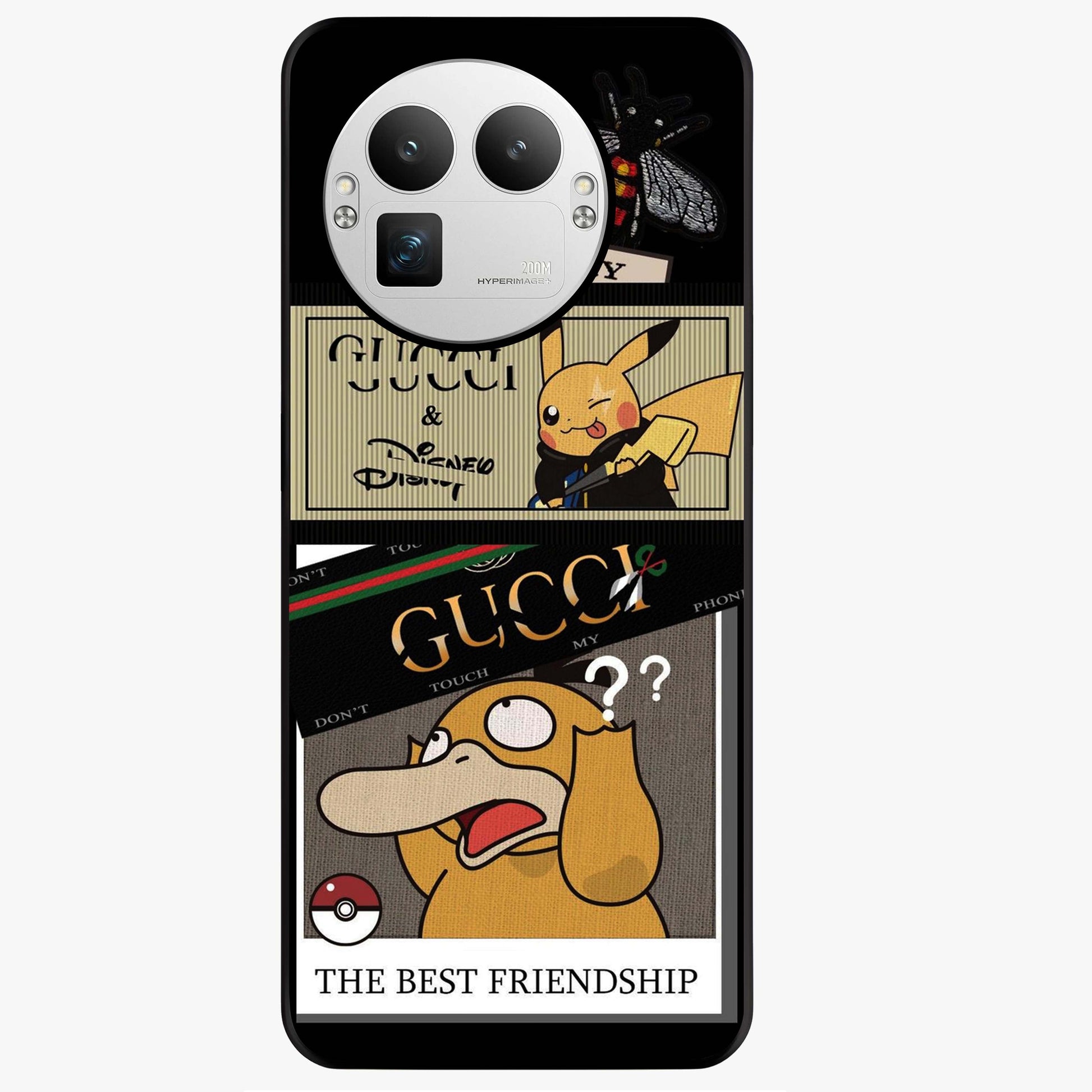 Gucci Play Mashup Glass Case showing flat back view with luxury inspired graphic artwork and glossy glass finish.