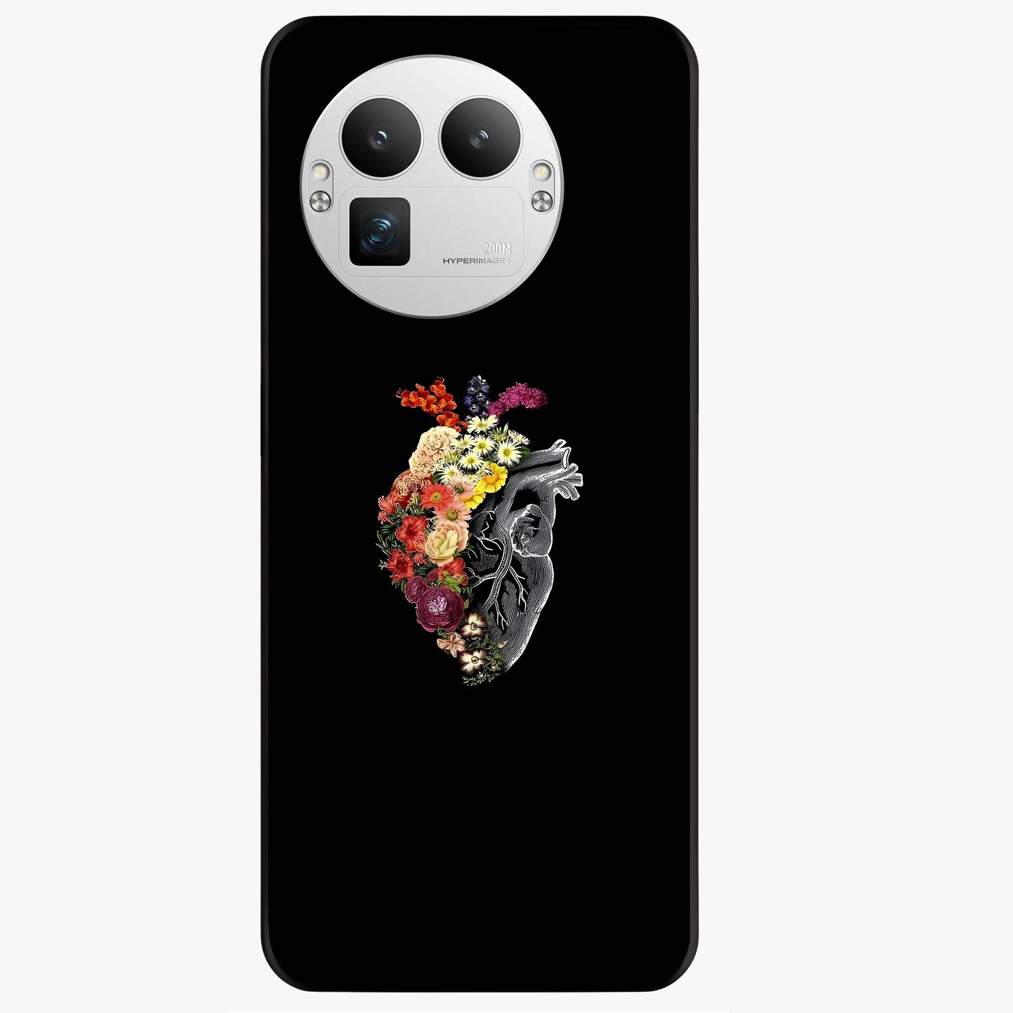 Heart With Flowers Glass Case showing flat back view with heart shaped floral artwork and glossy glass finish.