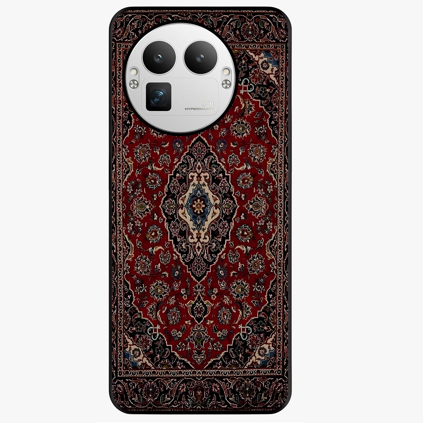 Heritage Carpet Royale Glass Case showing flat back view with ornate Persian carpet inspired pattern and glossy glass finish.