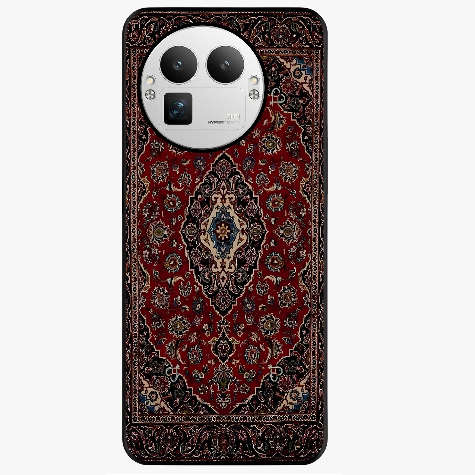 Heritage Carpet Royale Glass Case showing flat back view with ornate Persian carpet inspired pattern and glossy glass finish.