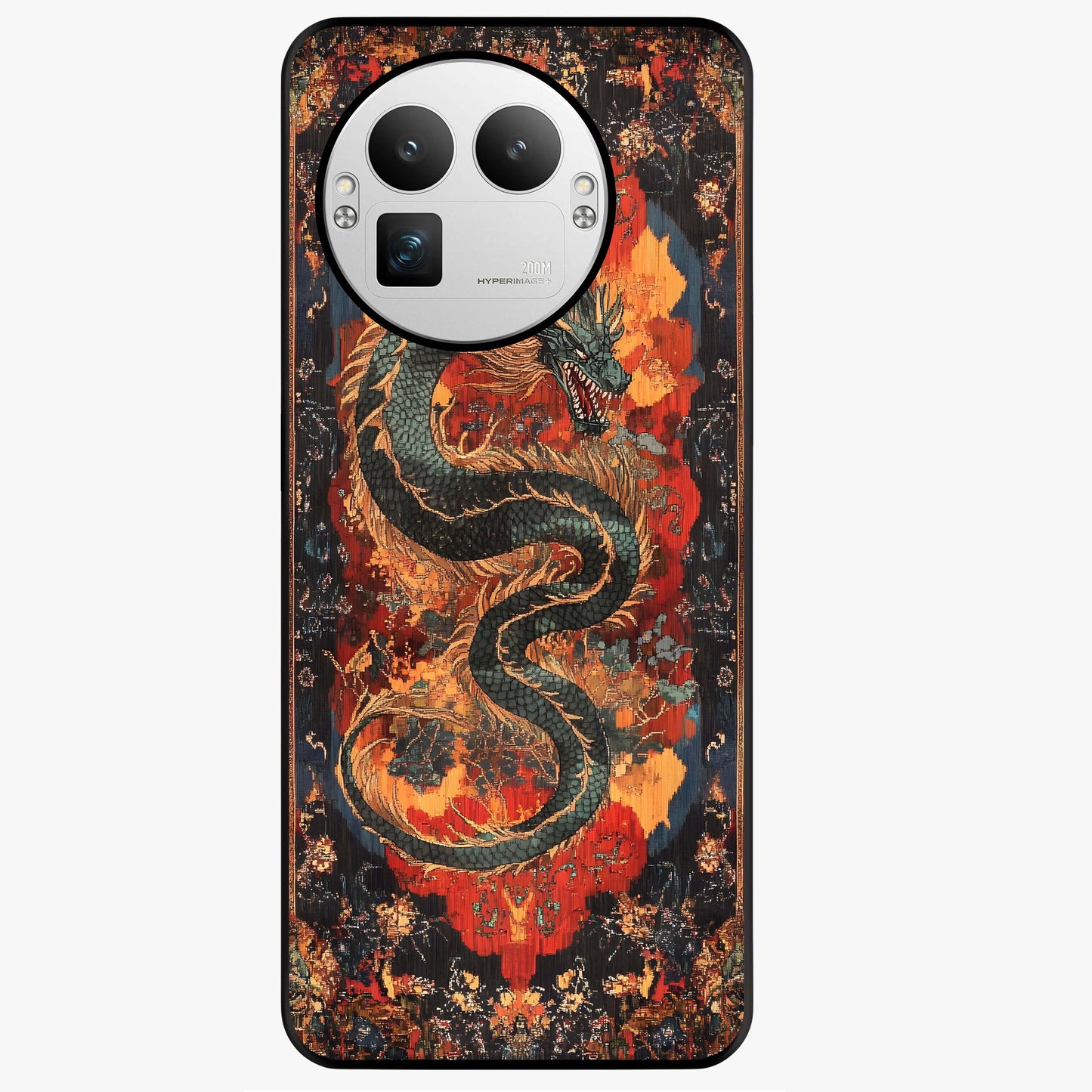 Inferno Dragon Soul Glass Case showing flat back view with fiery dragon artwork and glossy glass finish.