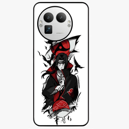 Itachi Sharingan Glass Case showing flat back view with powerful anime eye artwork and glossy glass finish.