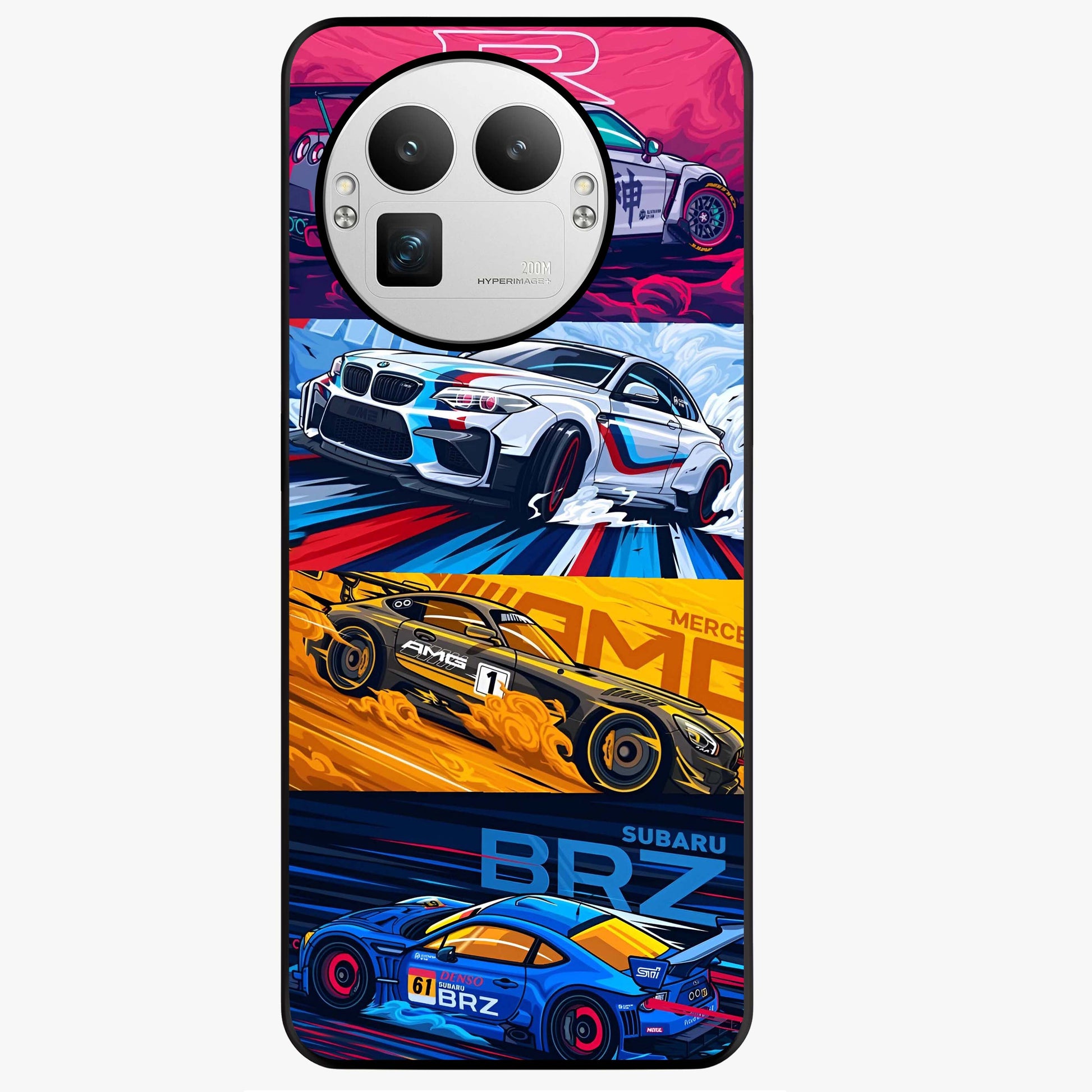JDM Sports Car Glass Case showing flat back view with high performance sports car artwork and glossy glass finish.