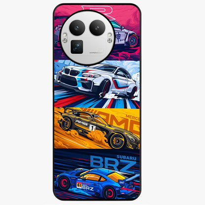JDM Sports Car Glass Case showing flat back view with high performance sports car artwork and glossy glass finish.
