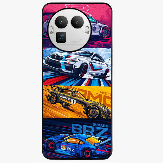 JDM Sports Car Glass Case showing flat back view with high performance sports car artwork and glossy glass finish.