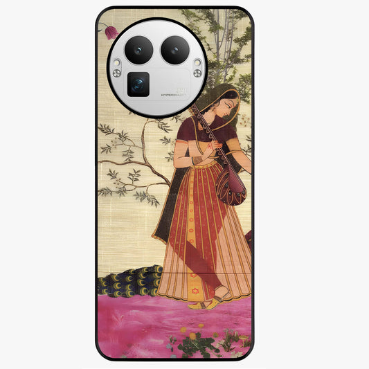 Lady With Veena Art Glass Case showing flat back view with elegant woman playing veena artwork and glossy glass finish.