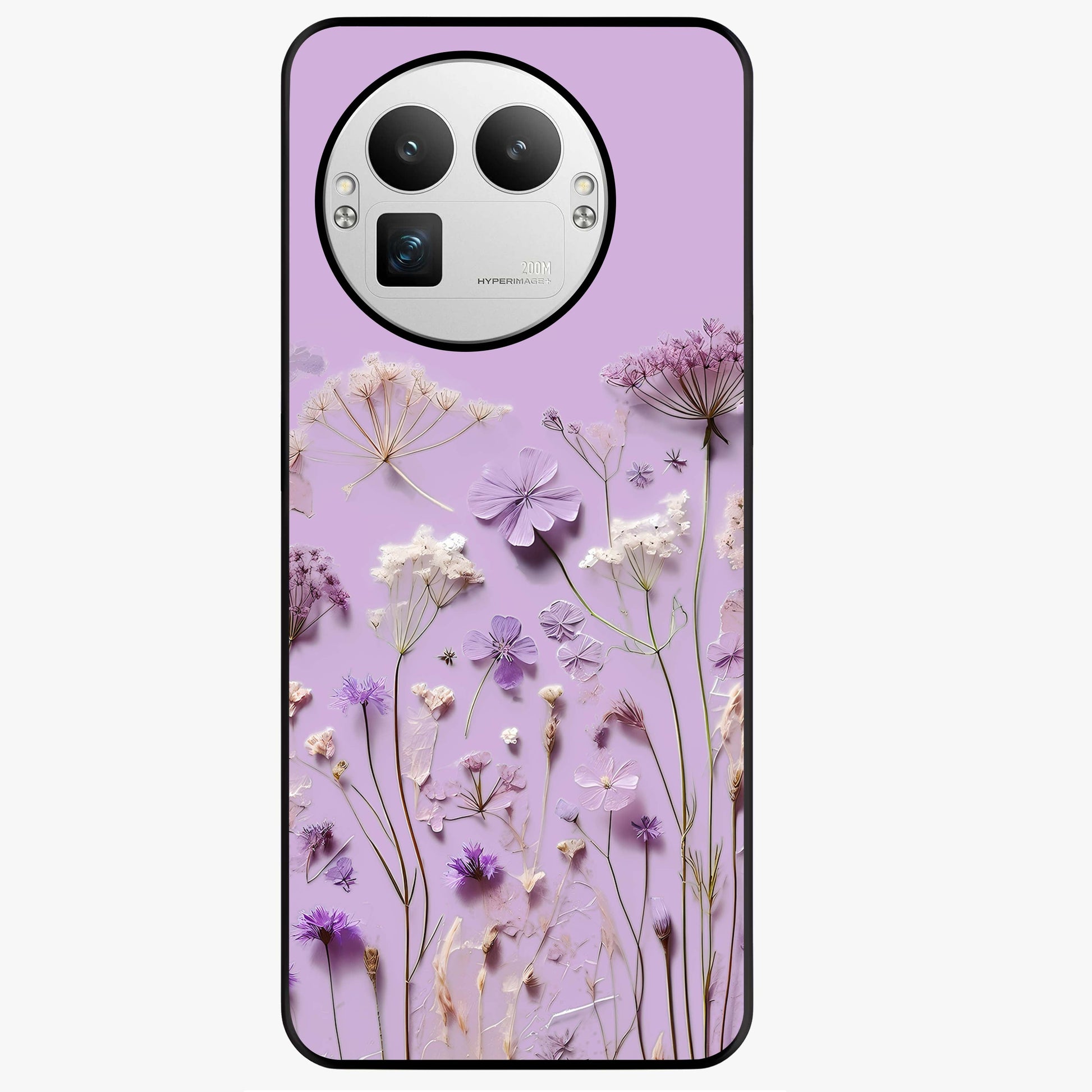 Lavender Blossom Dream Glass Case showing flat back view with soft lavender floral artwork and glossy glass finish.