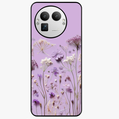 Lavender Blossom Dream Glass Case showing flat back view with soft lavender floral artwork and glossy glass finish.