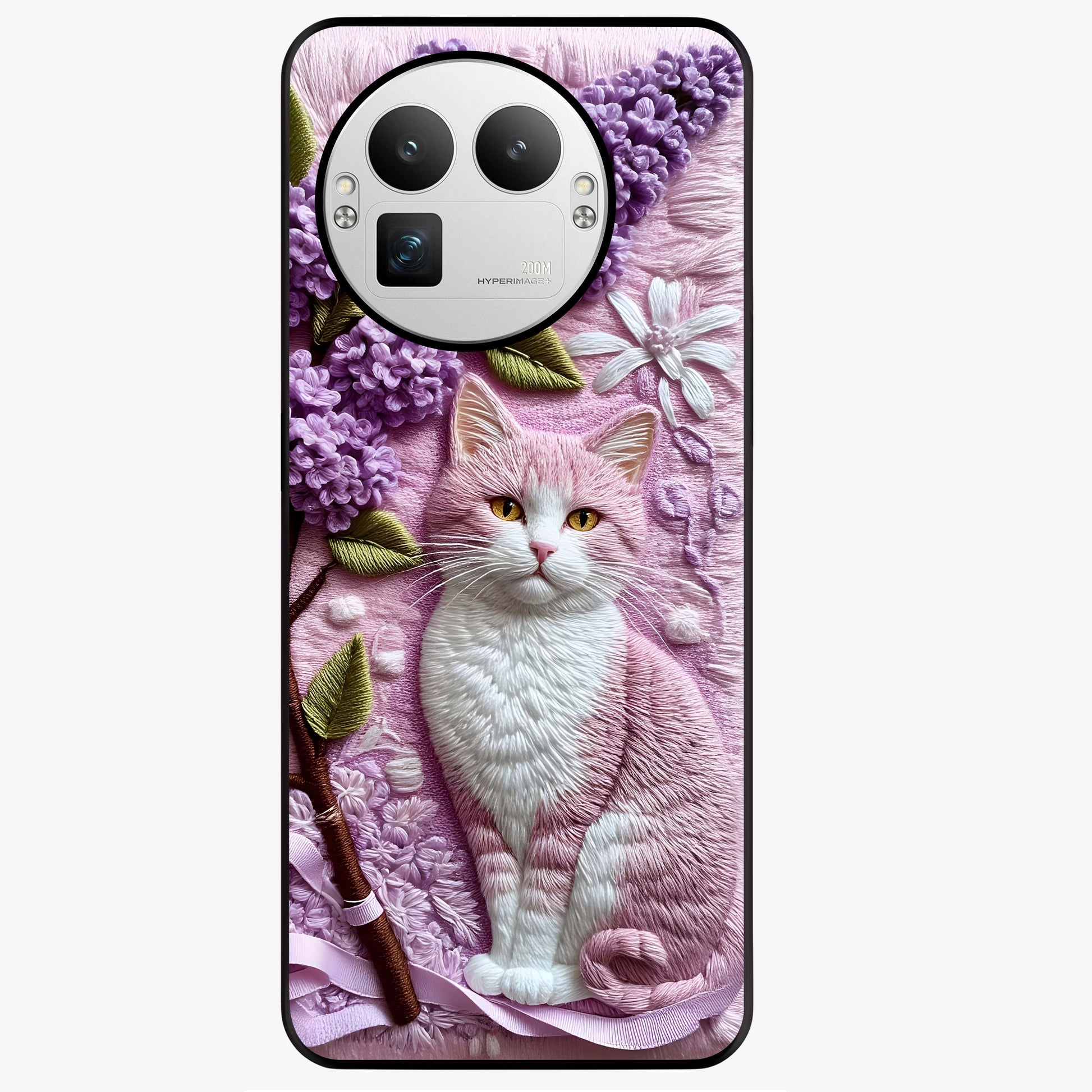 Lavender Cat Whimsy Glass Case showing flat back view with cute lavender cat artwork and glossy glass finish.
