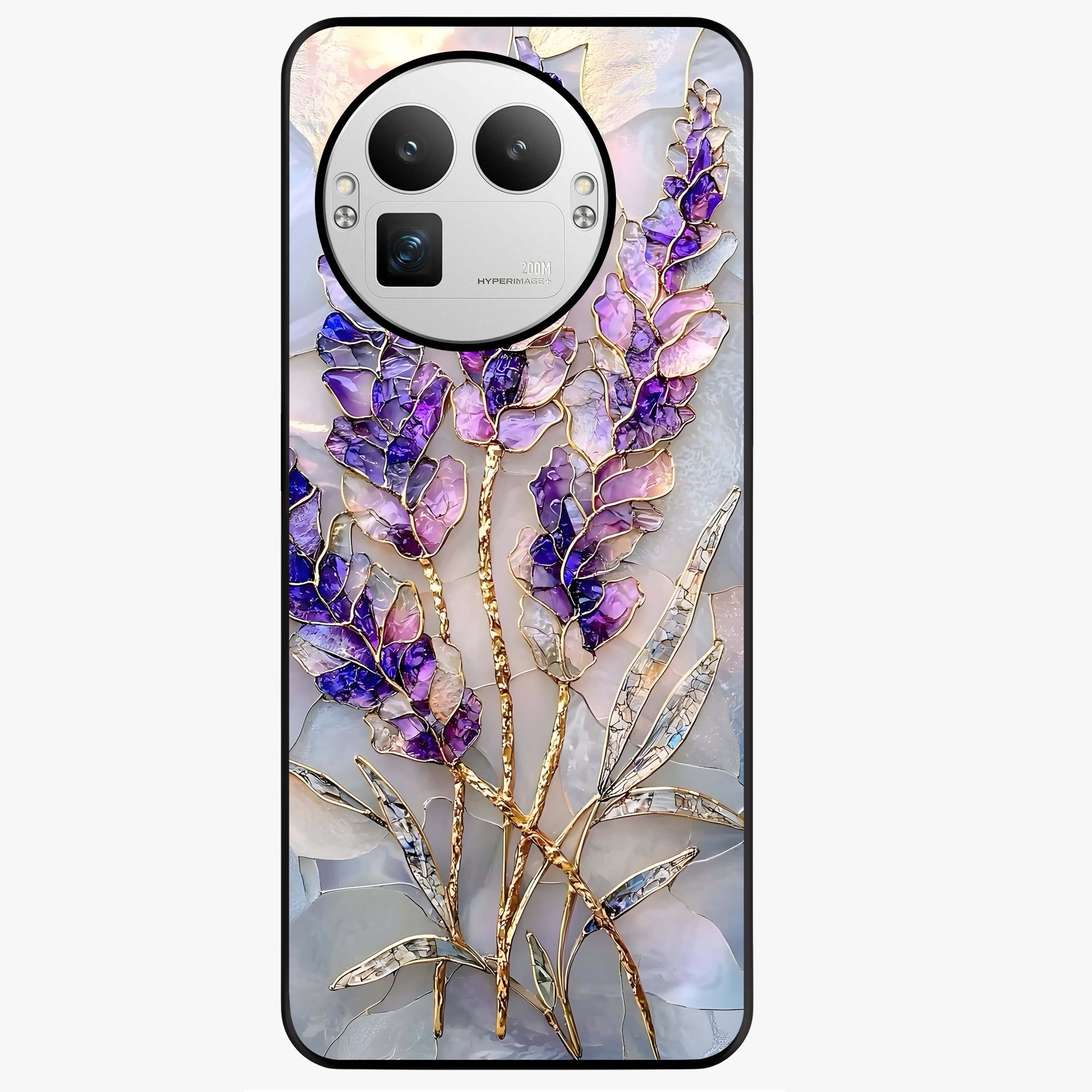 Lavender Dream Glow Glass Case showing flat back view with glowing lavender aesthetic artwork and glossy glass finish.