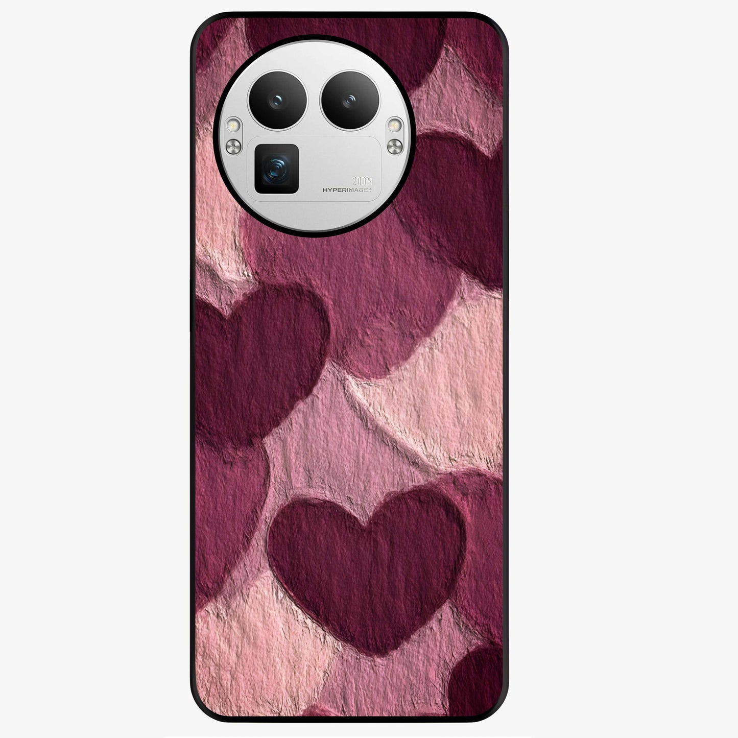 Layered Paper Hearts Glass Case showing flat back view with layered paper heart artwork and glossy glass finish.