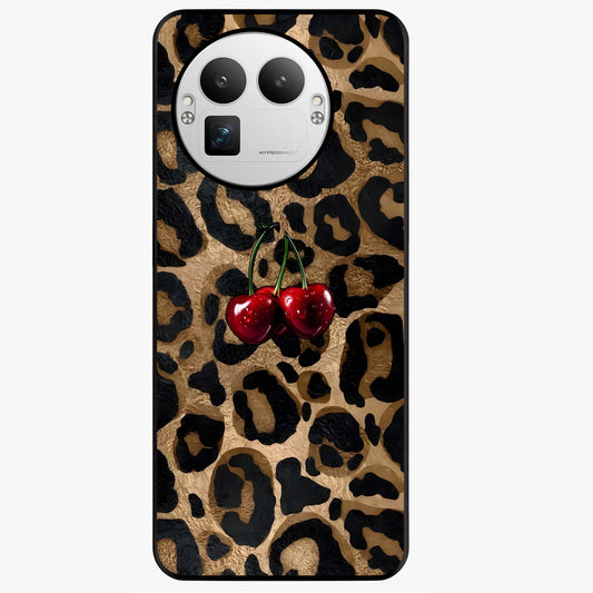 Leopard Wild Cherry Glass Case showing flat back view with leopard pattern and cherry artwork and glossy glass finish.