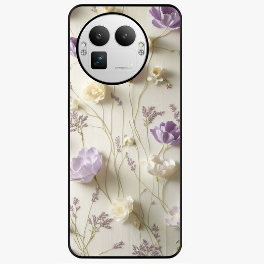 Lilac Breeze Harmony Glass Case showing flat back view with soft lilac themed artwork and glossy glass finish.