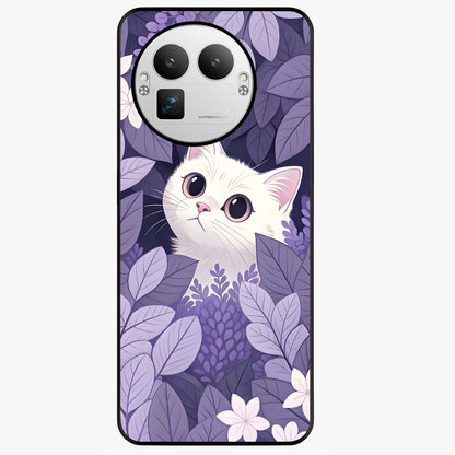 Lilac Hide Peek Cat Glass Case showing flat back view with cute peeking cat artwork and glossy glass finish.