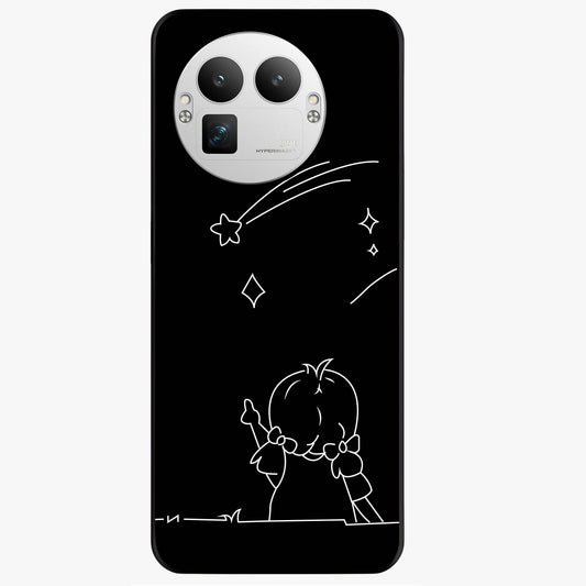 Line Art Girl With Shooting Stars Glass Case showing flat back view with minimal line art girl and shooting stars illustration and glossy glass finish.