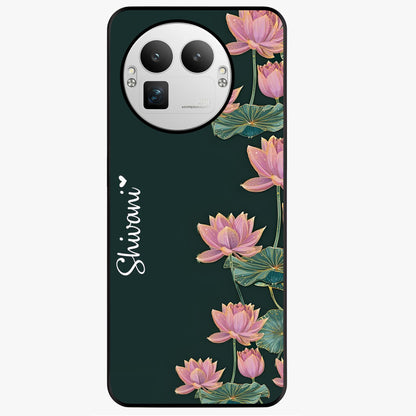 Lotus Bloom Serenity Custom Name Glass Case showing flat back view with elegant lotus flower artwork and personalized name design.