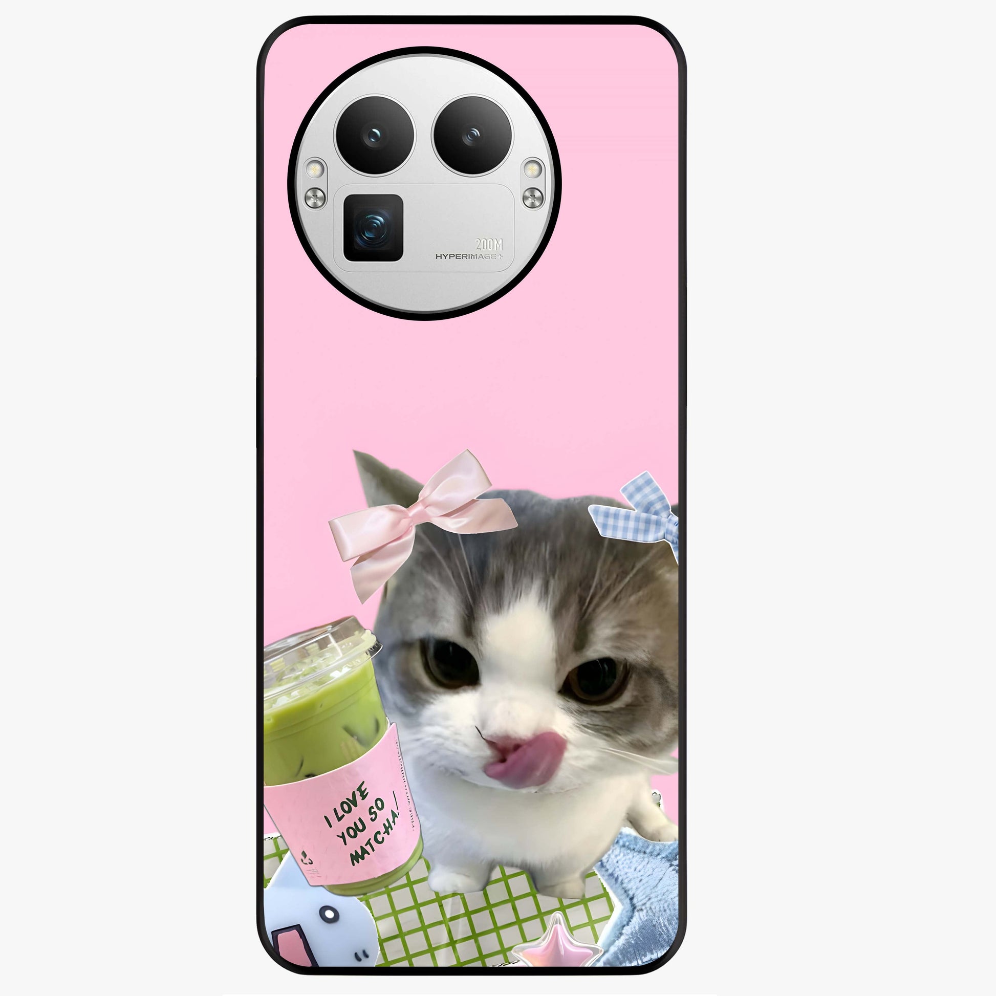 Love Matcha Cat Glass Case showing flat back view with cute cat and matcha themed artwork and glossy glass finish.