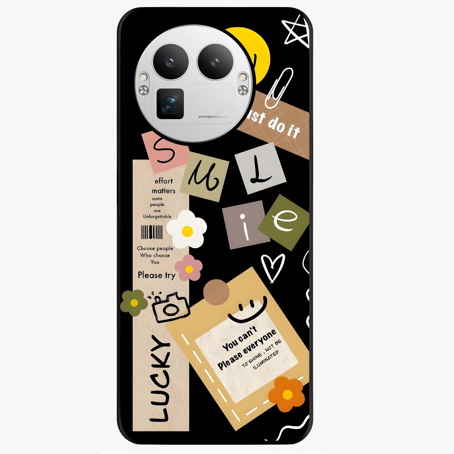 Lucky Aesthetic Collage Glass Case showing flat back view with trendy aesthetic collage artwork and glossy glass finish.