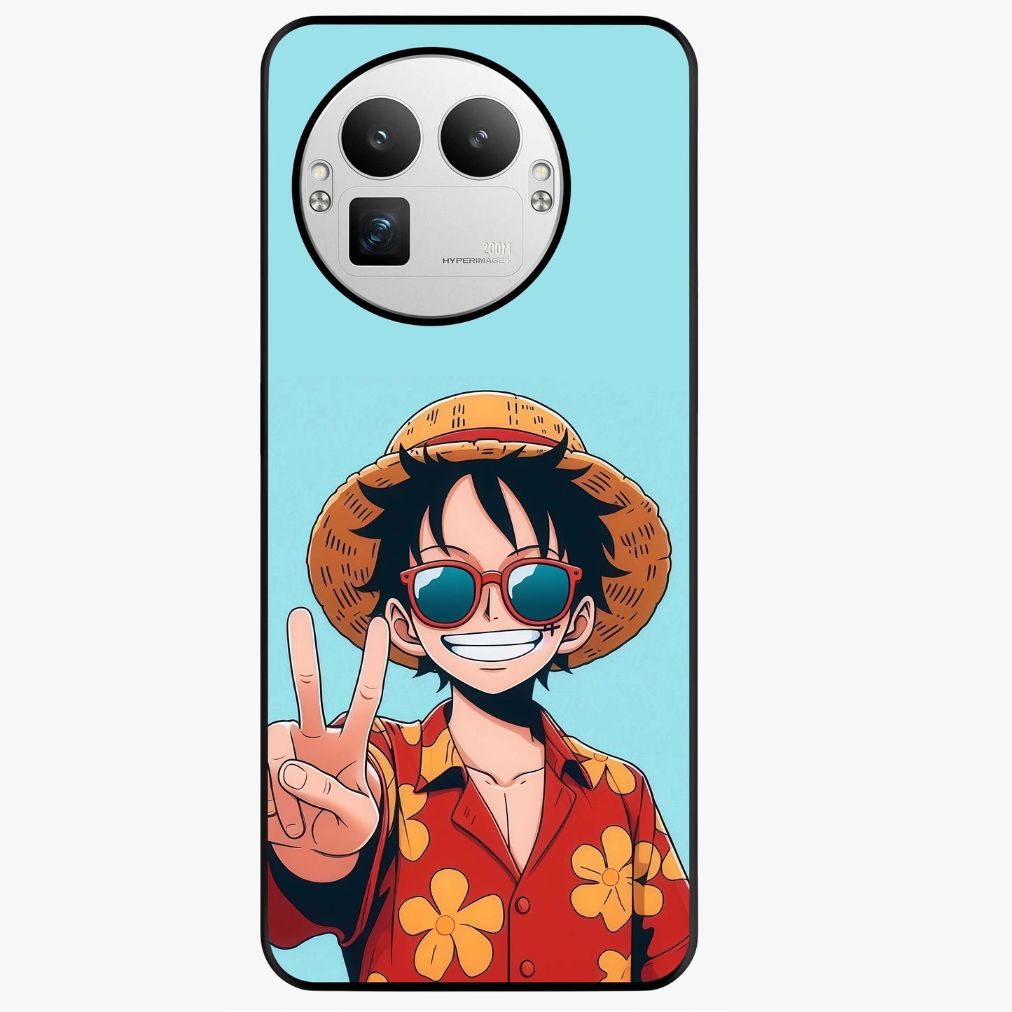 Luffy Summer Anime Vibe Glass Case showing flat back view with vibrant anime character artwork and glossy glass finish.