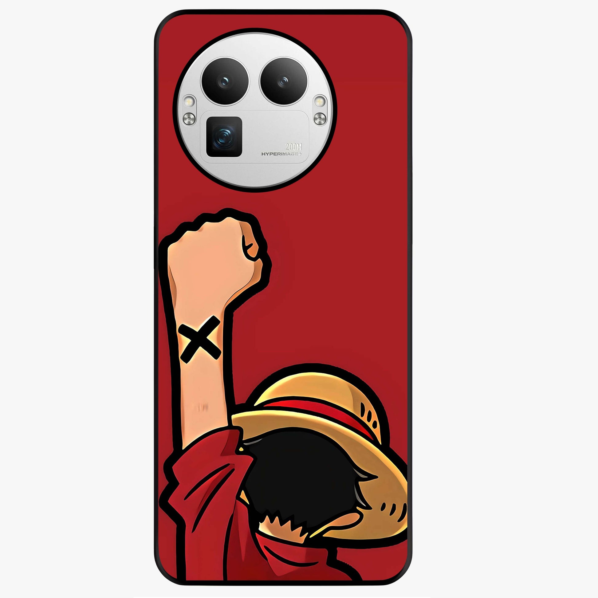 Luffy X Spirit Glass Case showing flat back view with bold anime character artwork and glossy glass finish.