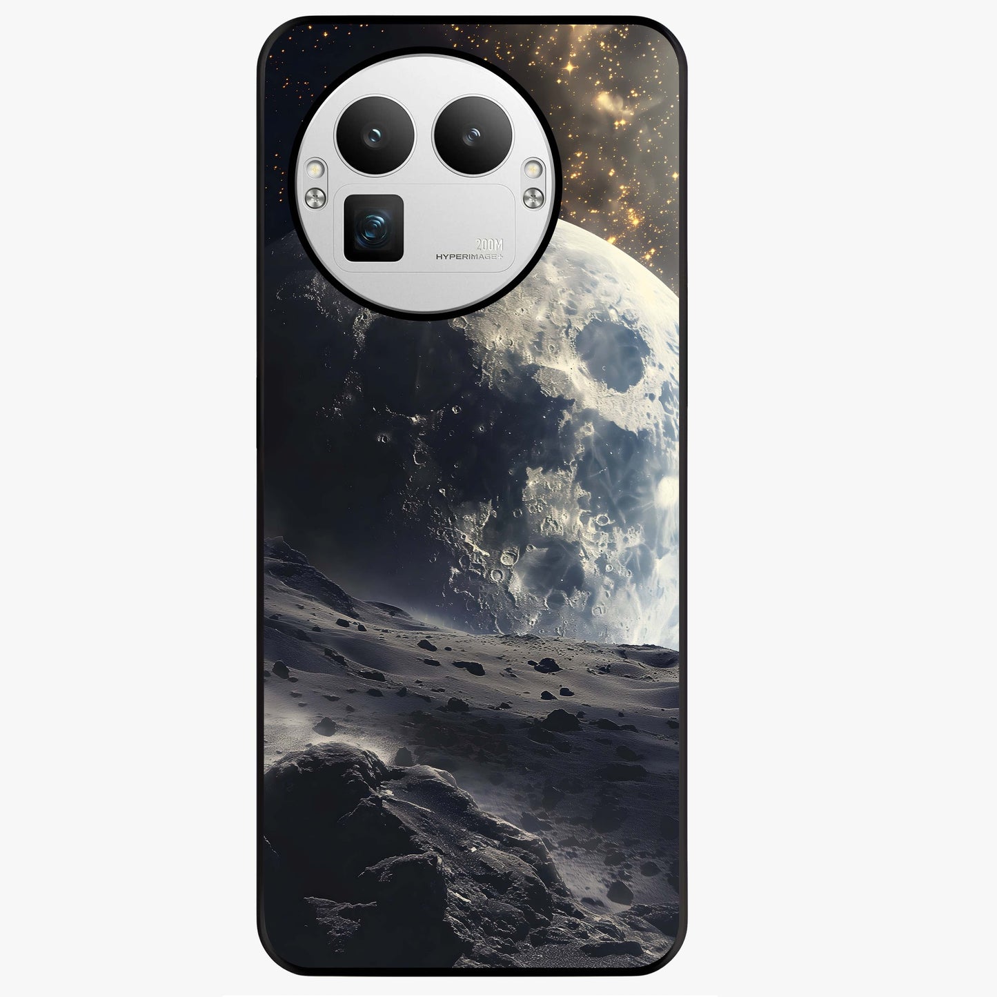 Lunar Horizon Glow Glass Case showing flat back view with glowing moon horizon artwork and glossy glass finish.