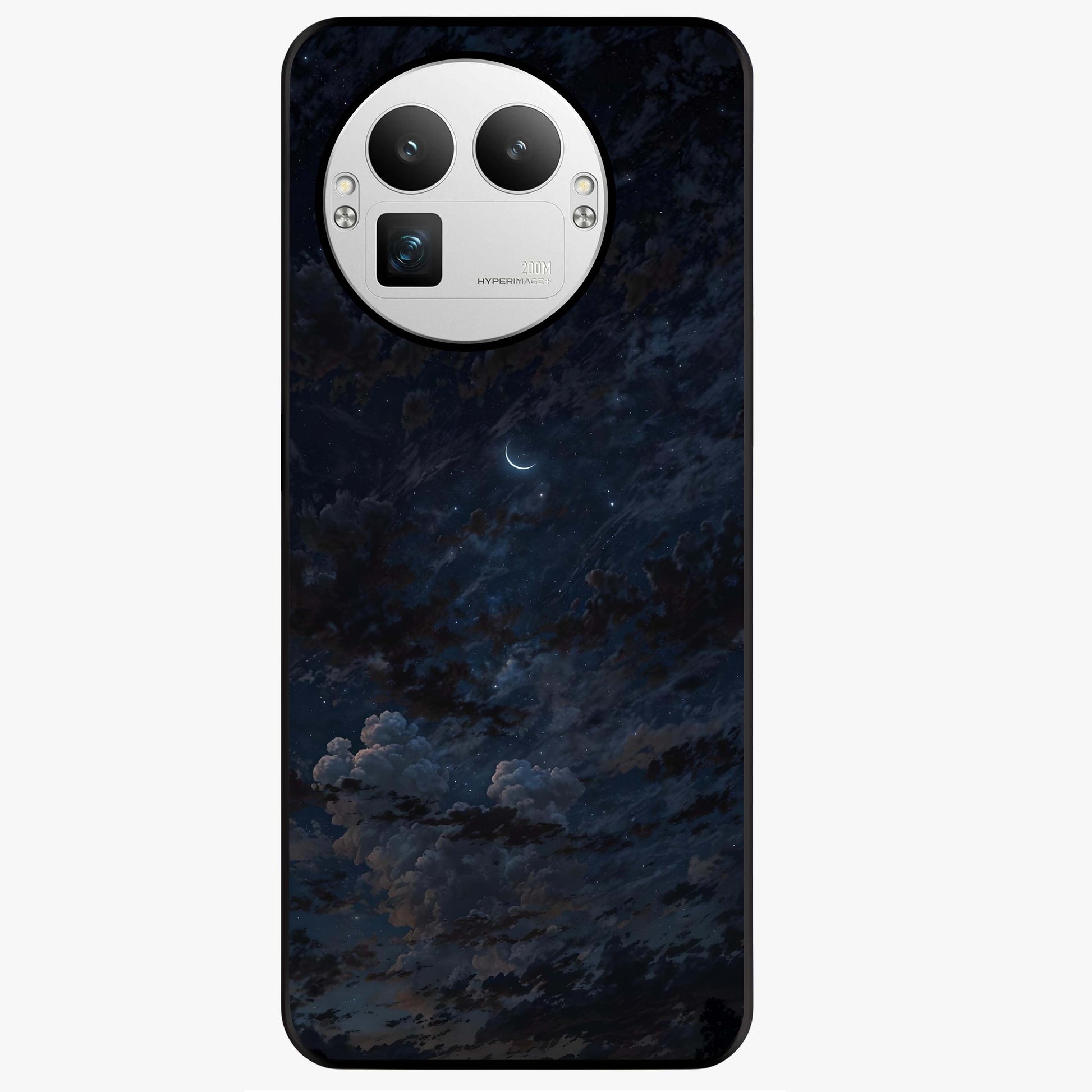 Lunar Veil Silence Glass Case showing flat back view with mystical moon veil artwork and glossy glass finish.