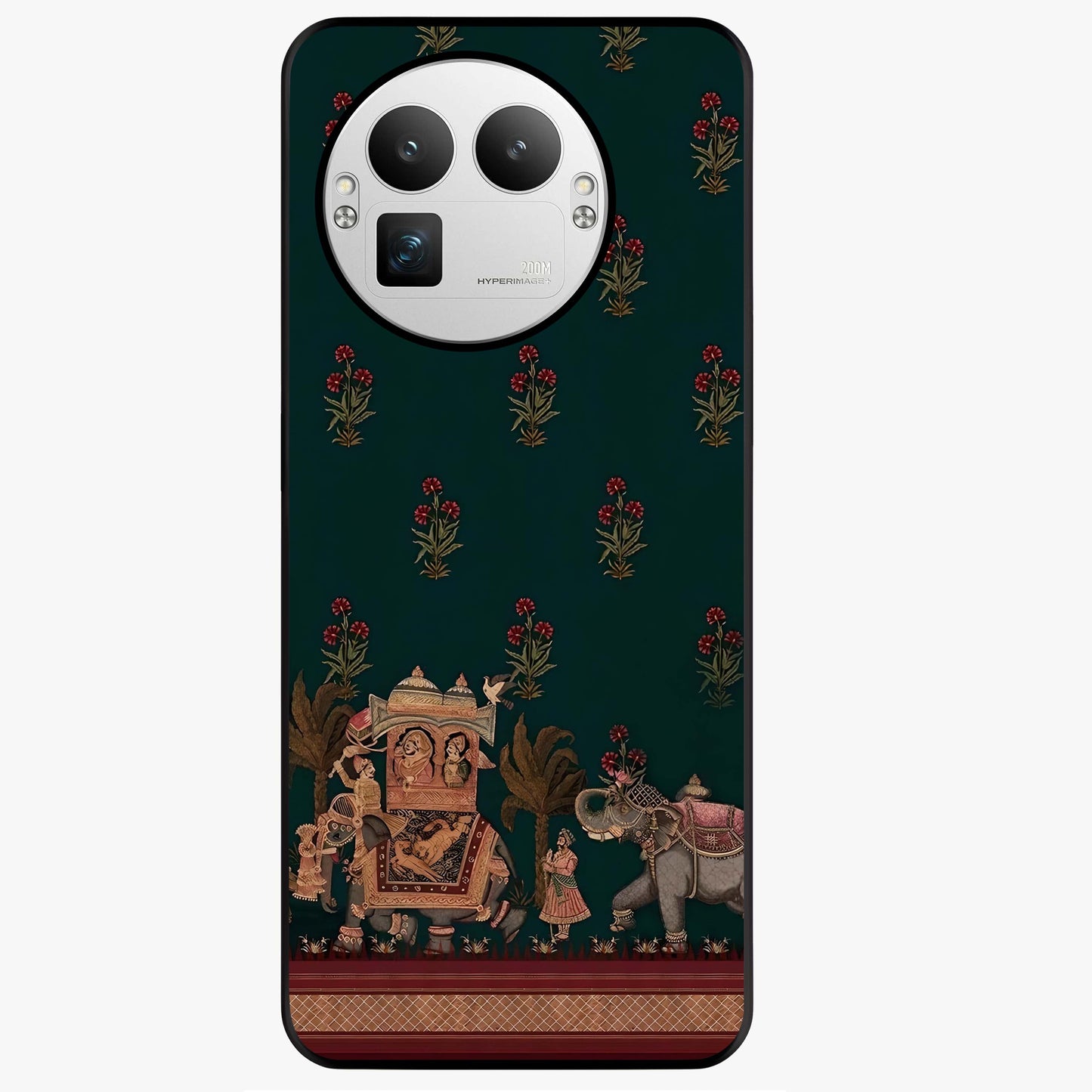 Macmerise Glass Case showing flat back view with stylish modern artwork and glossy glass finish.