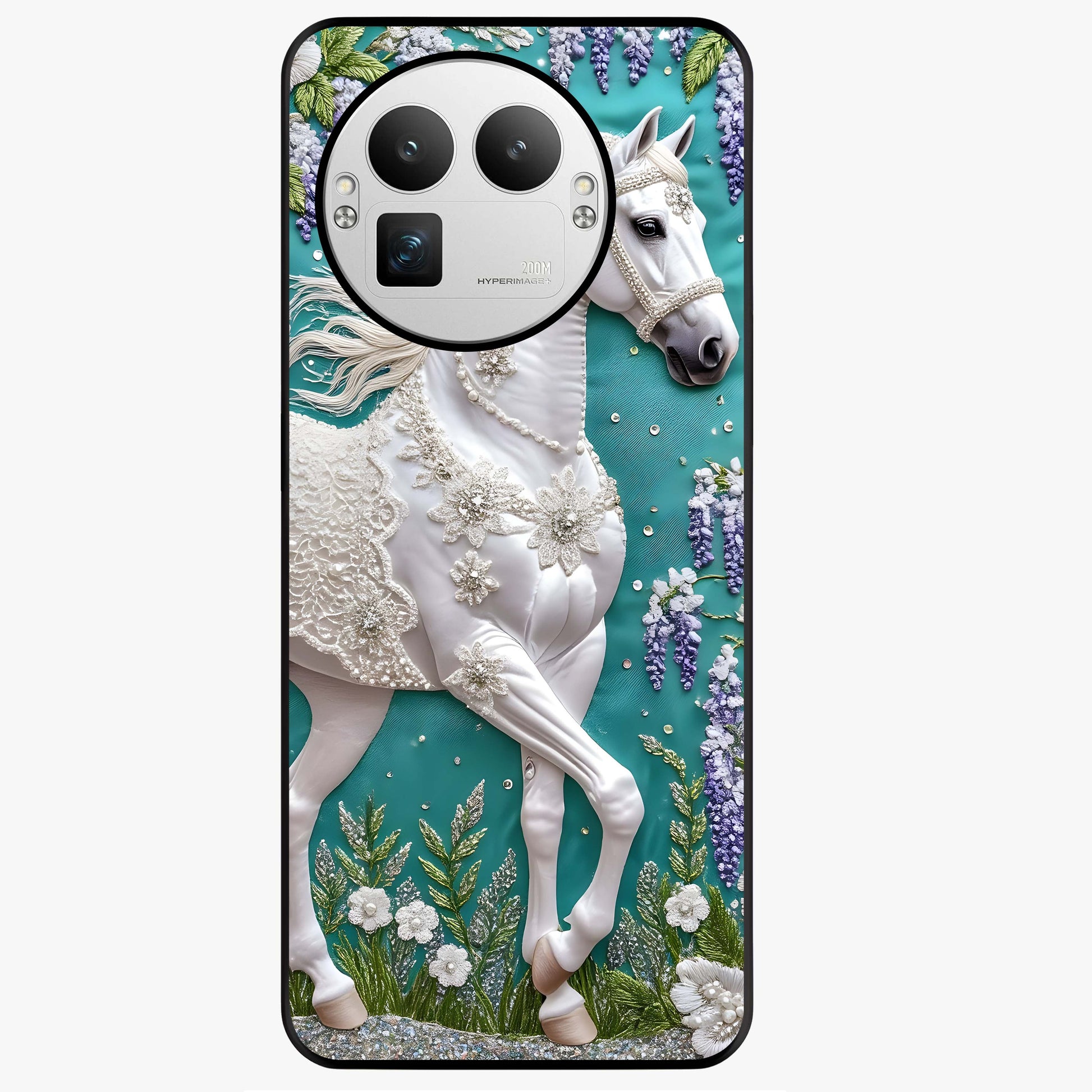Majestic Floral Stallion Glass Case showing flat back view with powerful horse and floral artwork and glossy glass finish.