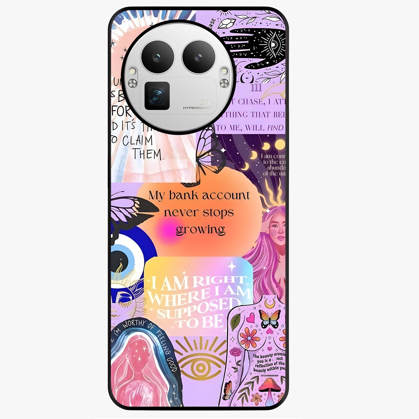 Manifestation Collage Glass Case showing flat back view with motivational collage artwork and glossy glass finish.