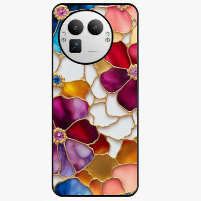 Marble Flower Pattern Glass Case showing flat back view with marble texture floral artwork and glossy glass finish.