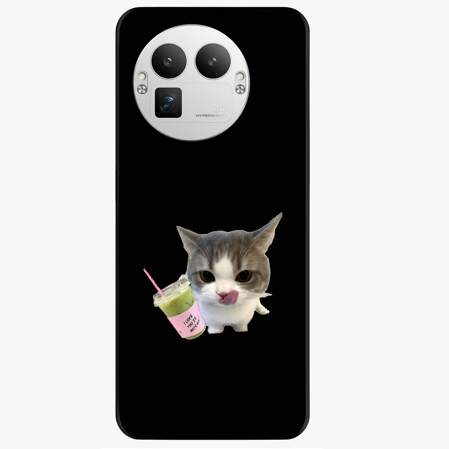Matcha Cat Style Glass Case showing flat back view with cute matcha themed cat artwork and glossy glass finish.