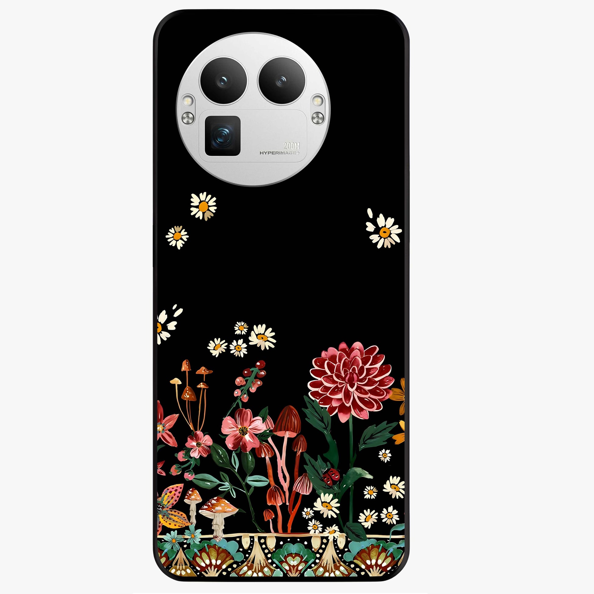 Midnight Bloom Pattern Glass Case showing flat back view with dark floral pattern artwork and glossy glass finish.