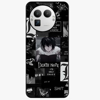 Midnight Chaos Mind Glass Case showing flat back view with abstract dark themed artwork and glossy glass finish.