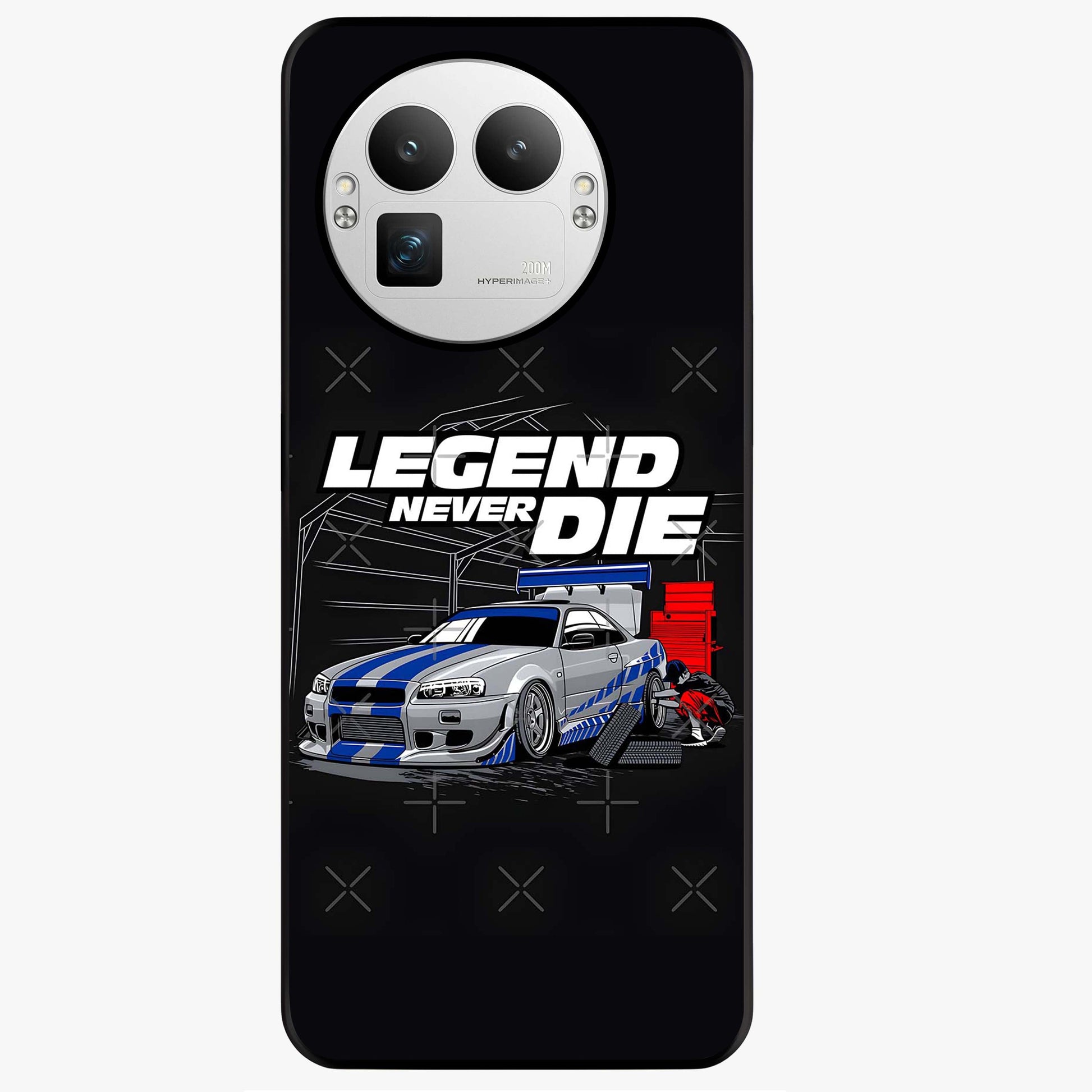 Midnight Racing Legacy Glass Case showing flat back view with sleek racing inspired artwork and glossy glass finish.
