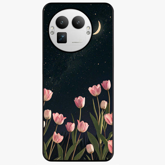 Midnight Tulip Whispers Vibe Glass Case showing flat back view with elegant tulip flower artwork and glossy glass finish.