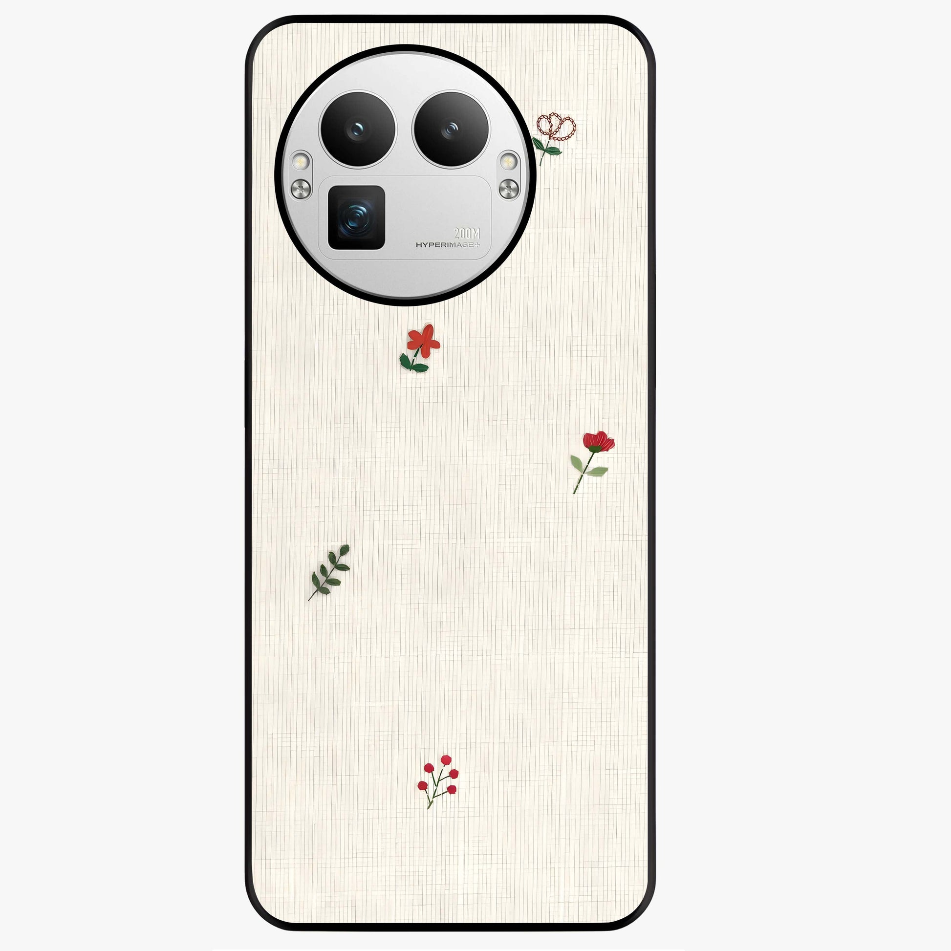 Minimal Petal Whispers Glass Case showing flat back view with soft minimal floral artwork and glossy glass finish.