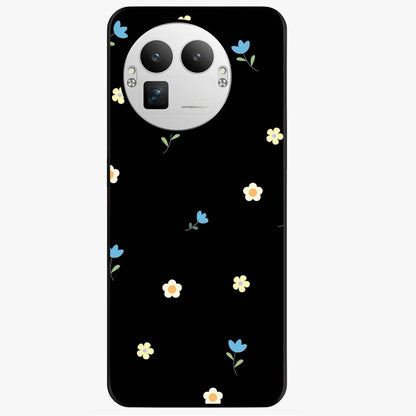 Minimalistic Blue With White Flower Pattern Glass Case showing flat back view with blue background and white flower pattern and glossy glass finish.