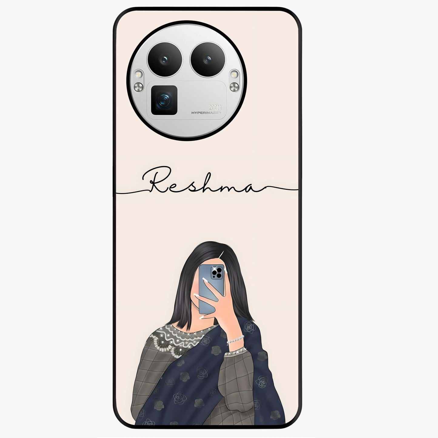 Mirror Mood Muse With Custom Name Glass Case showing flat back view with stylish mirrored artwork and personalized name design.