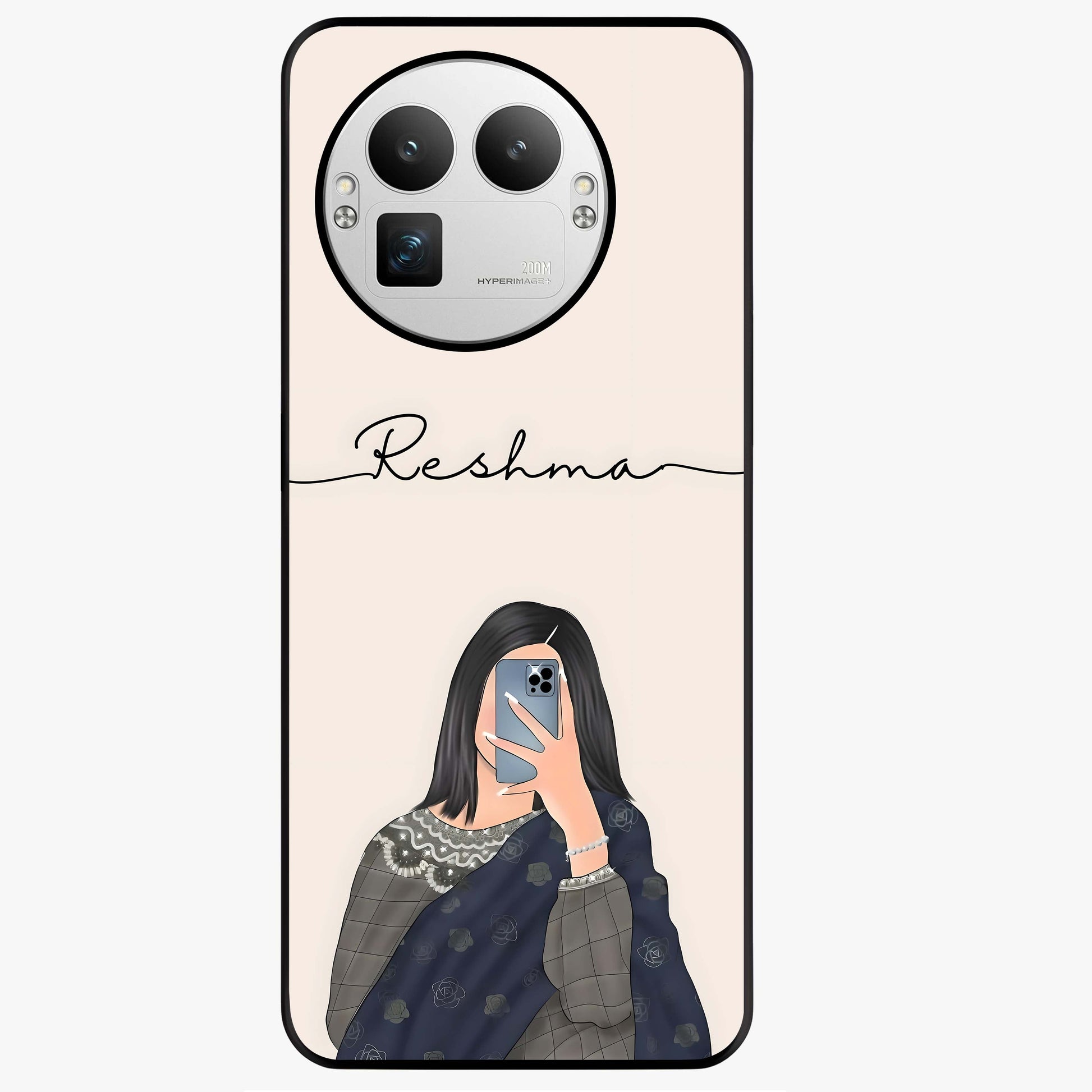 Mirror Mood Muse With Custom Name Glass Case showing flat back view with stylish mirrored artwork and personalized name design.