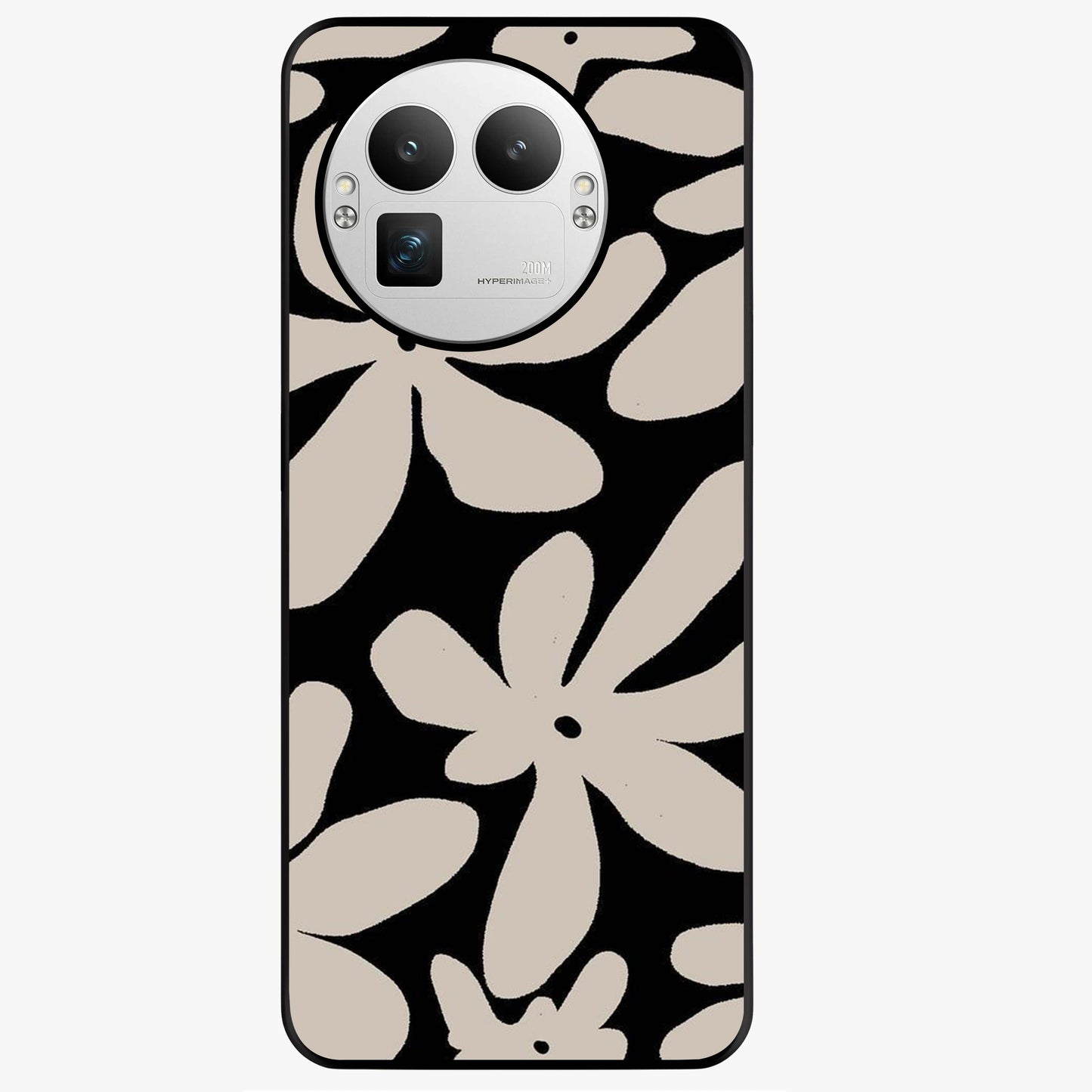 Monochrome Petal Dance Glass Case showing flat back view with monochrome floral artwork and glossy glass finish.