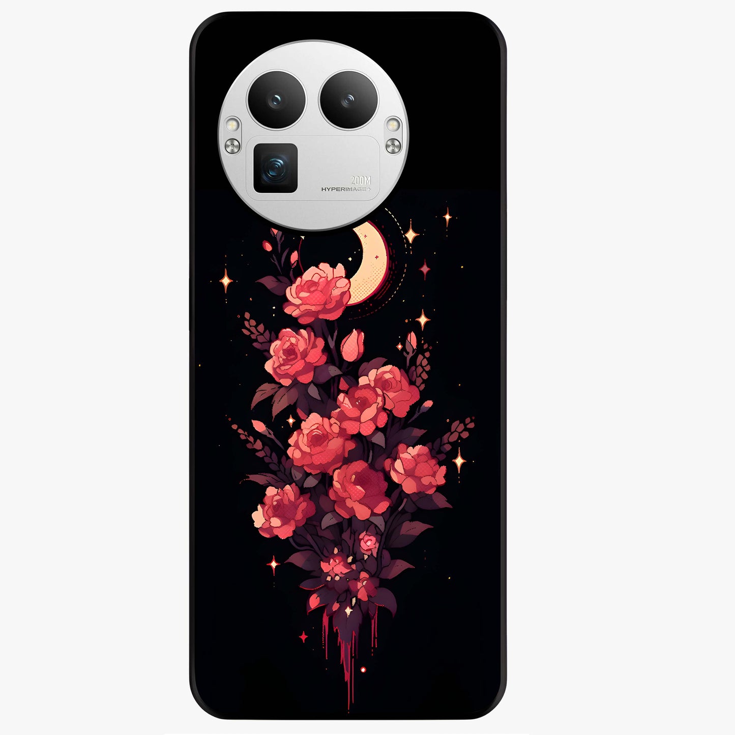 Moonlit Floral Elegance Glass Case showing flat back view with elegant floral artwork under moonlit tones and glossy glass finish.