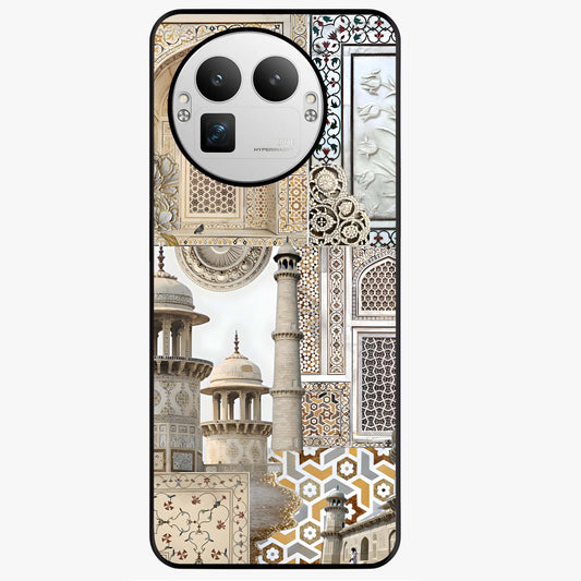 Mughal Marble Legacy Glass Case showing flat back view with intricate Mughal inspired marble pattern and glossy glass finish.