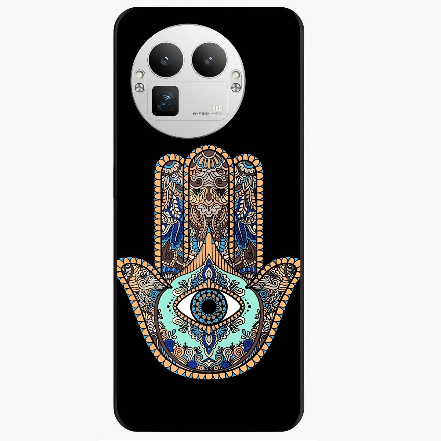 Mystic Hamsa Eye Glass Case showing flat back view with protective hamsa hand and evil eye artwork and glossy glass finish.