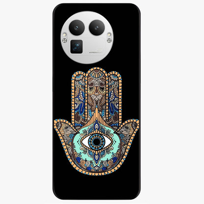 Mystic Hamsa Eye Glass Case showing flat back view with protective hamsa hand and evil eye artwork and glossy glass finish.