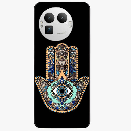 Mystic Hamsa Eye Glass Case showing flat back view with protective hamsa hand and evil eye artwork and glossy glass finish.