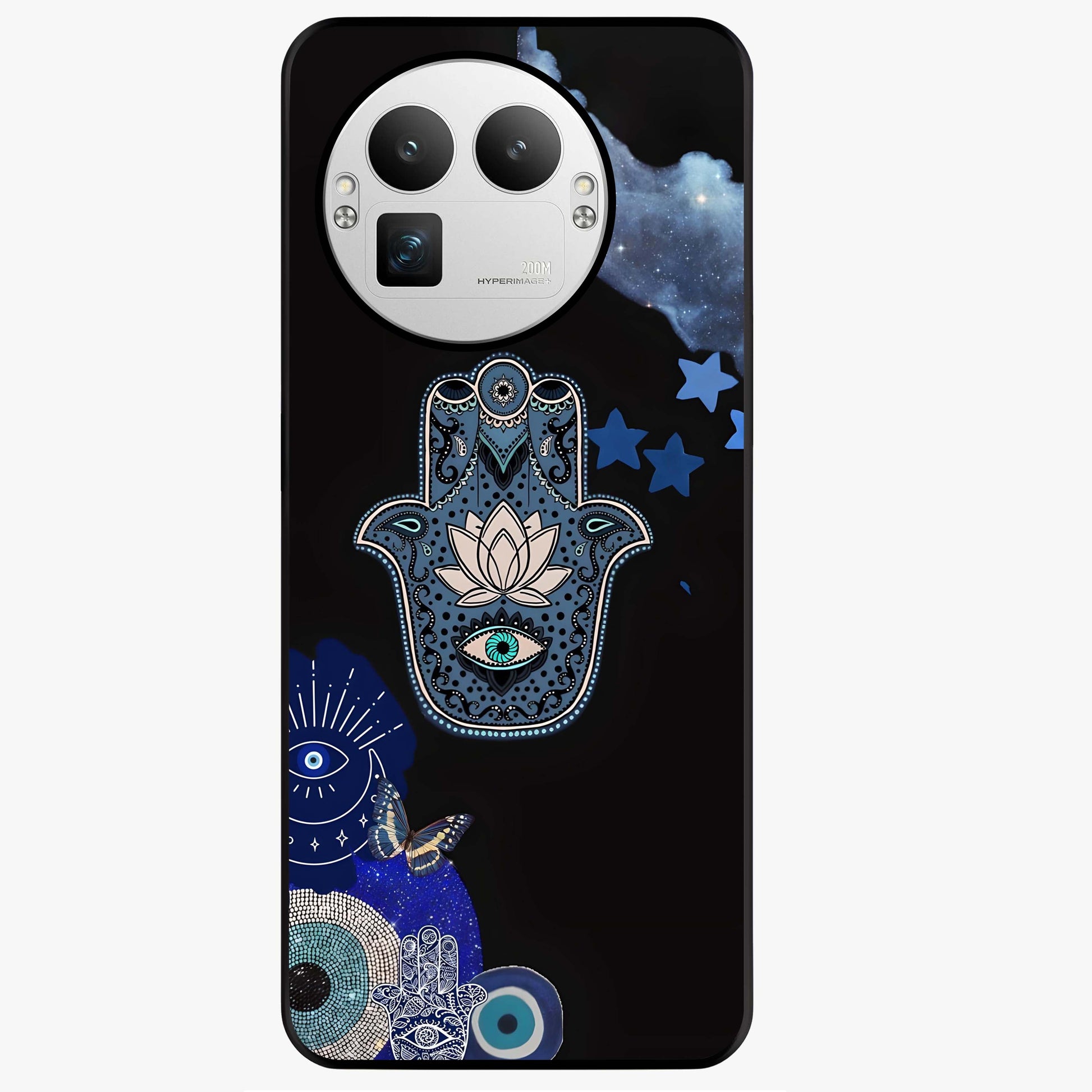 Mystic Hand Aura Glass Case showing flat back view with mystical hand symbol artwork and glossy glass finish.