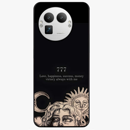 Mystic Victory Aura Glass Case showing flat back view with victory symbol artwork and glossy glass finish.