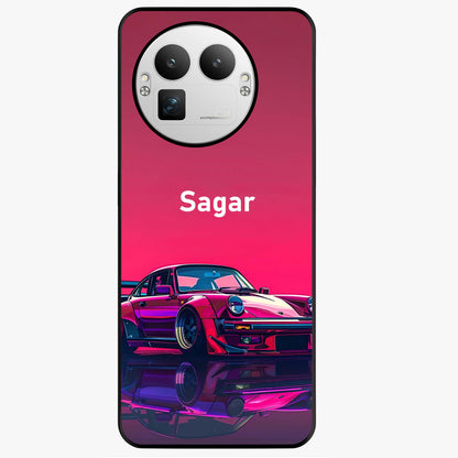 Neon Pink Porsche Glass Case showing flat back view with stylish sports car artwork and glossy glass finish.