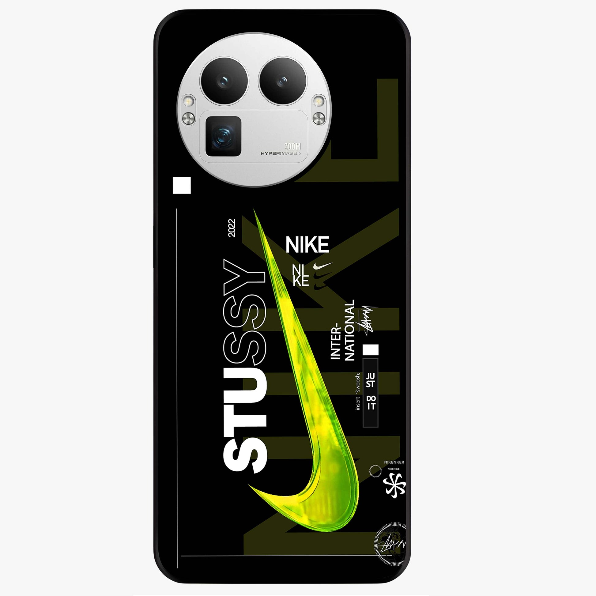 Neon Street Edition Glass Case showing flat back view with neon street style artwork and glossy glass finish.