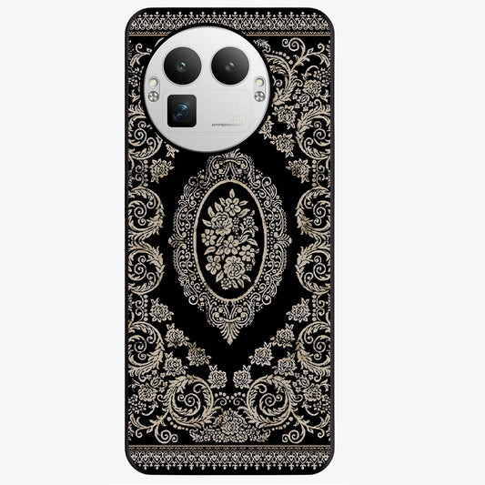Noir Bloom Elegance Glass Case showing flat back view with elegant dark floral artwork and glossy glass finish.
